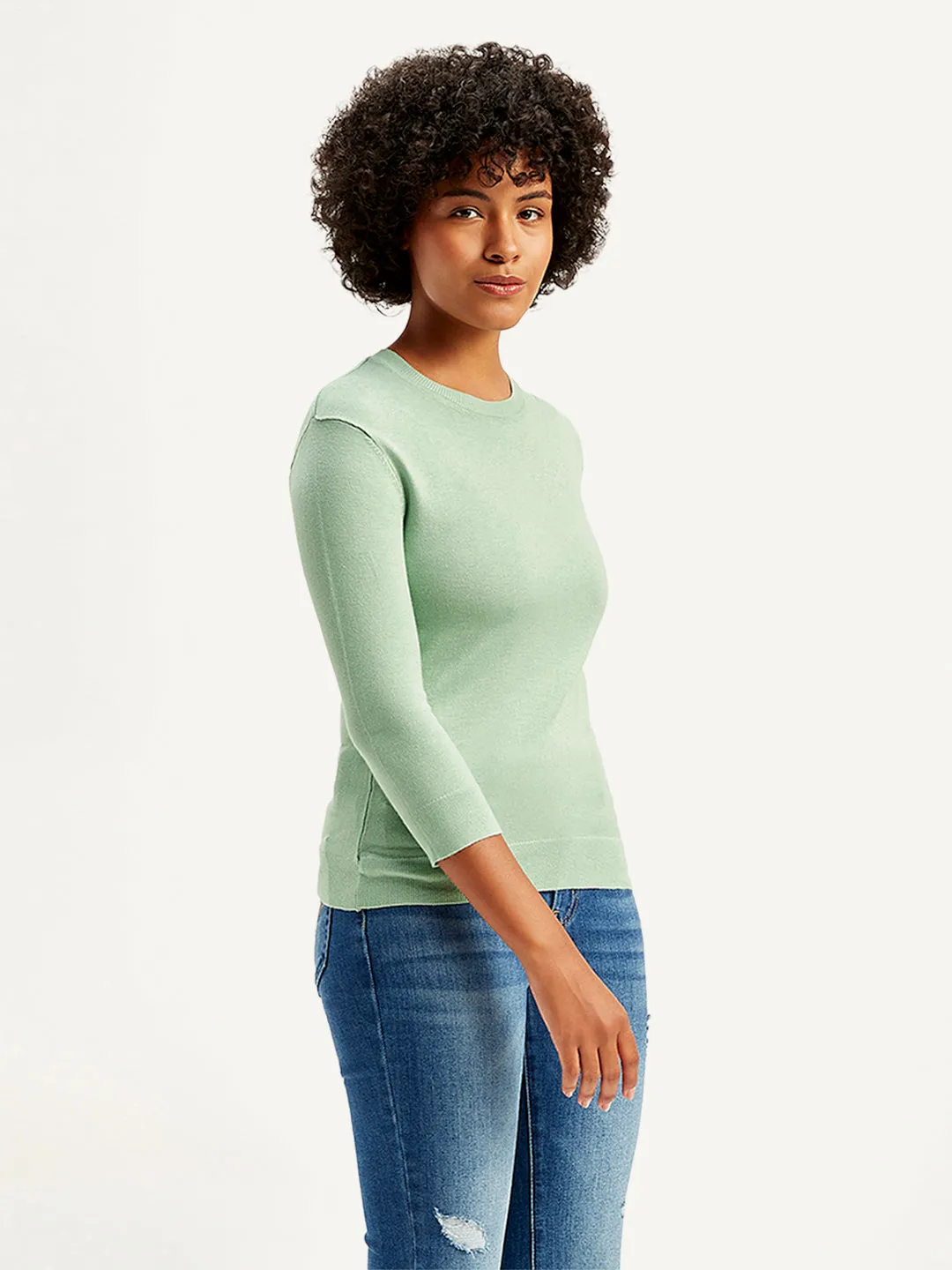 Women's Solid Green Crew Neck Sweater